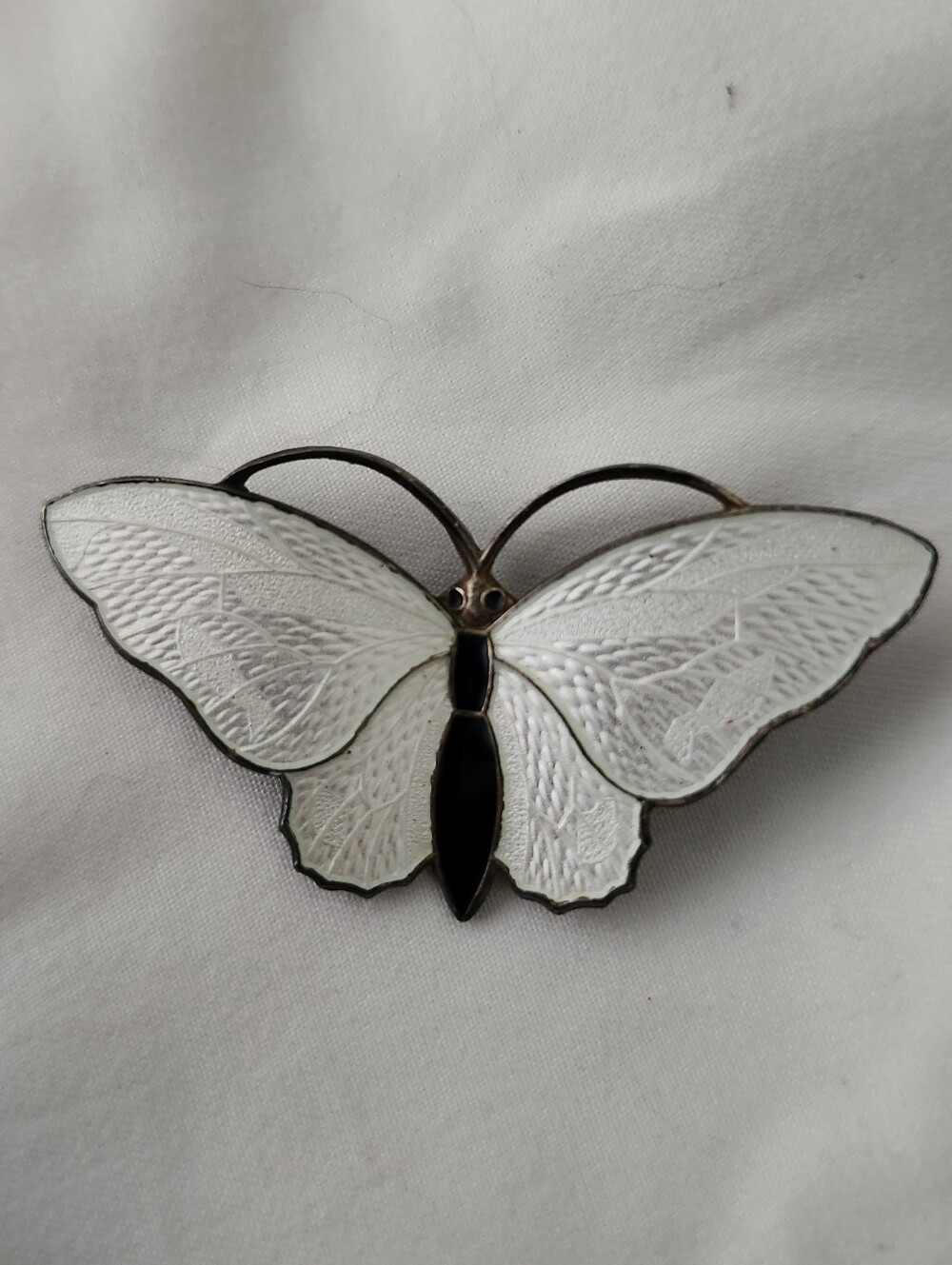 Vtg Aksel Holmsen Norwegian Sterling White Guilloche Enamel Butterfly Brooch